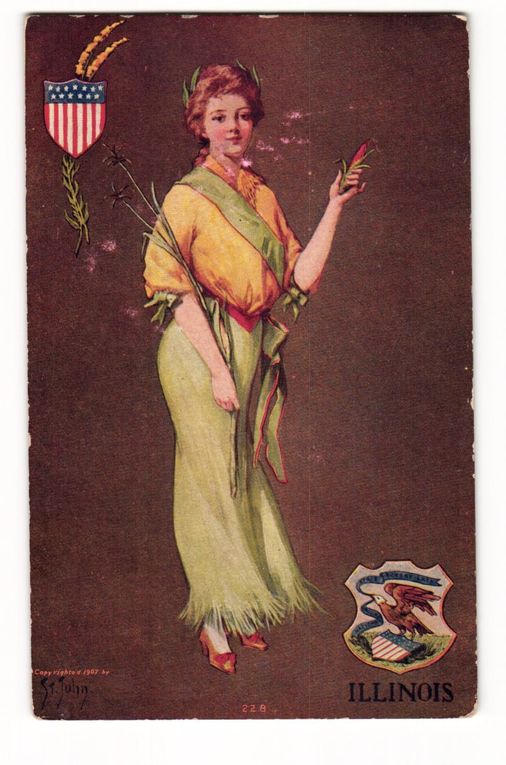 Illinois State Allegorical Woman with Grain & Pepper, Copyright 1907, National Art Co. postcard: A full-length depiction of a woman with reddish-brown hair adorned with a laurel wreath, standing against a mottled brown background. She wears a yellow bodice, a green sash with red trim, a light gre