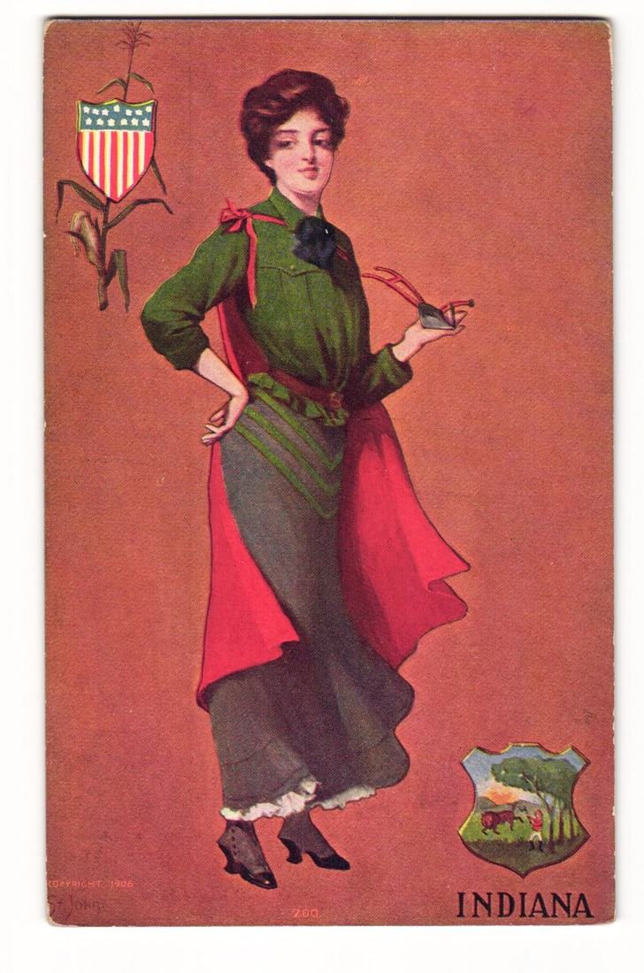 1908 Indiana Allegorical Woman, State & US Shields, Corn Stalk, National Art Co. Postcard (1 of 2)