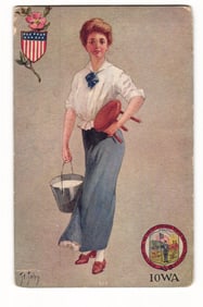 Iowa Woman with Milk Pail & Stool, State Seal, Flag Shield, c.1907 St. John Artist Postcard