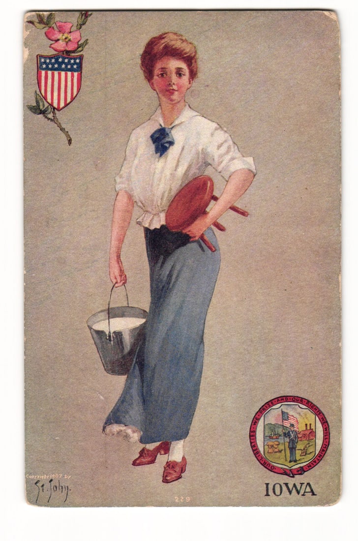Iowa Woman with Milk Pail & Stool, State Seal, Flag Shield, c.1907 St. John Artist Postcard (1 of 2)