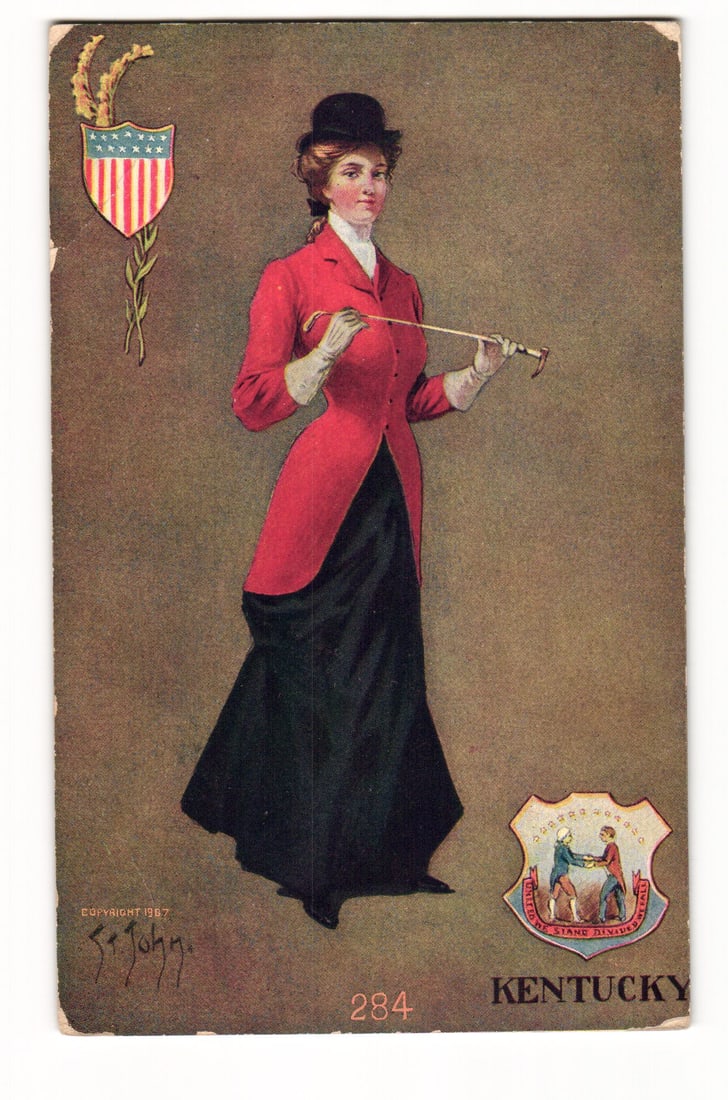 Kentucky Woman in Riding Attire, State Seal, Copyright 1907, St. John Illustrated Postcard (1 of 2)