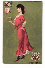Louisiana State Themed Postcard, 1906: Woman in Red Dress with State Seal and US Shield emblem.
