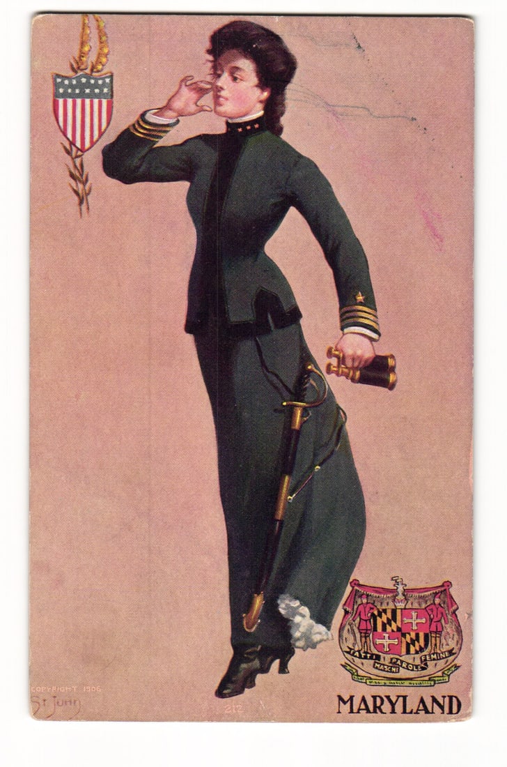 Woman in Green Uniform, Binoculars & Sword, Maryland State Seal, US Shield, 1906 Dunn Postcard (1 of 2)