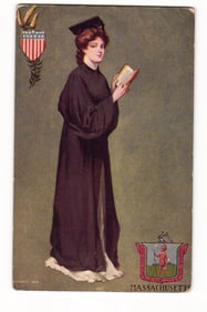 Massachusetts Graduate Woman in Cap and Gown, 1906, US Shield, State Seal Artwork Postcard