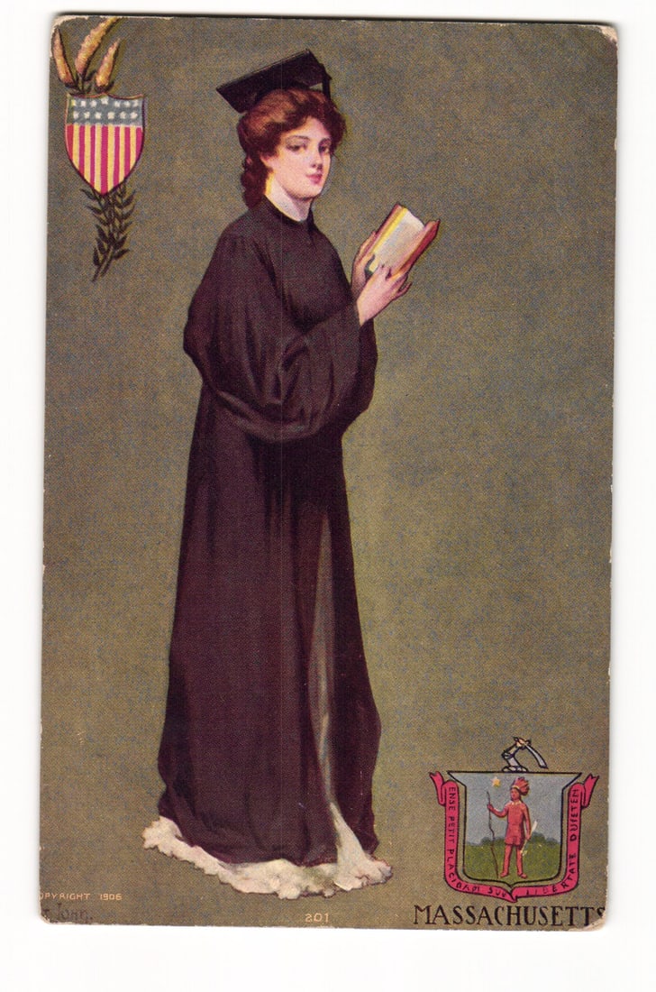 Massachusetts Graduate Woman in Cap and Gown, 1906, US Shield, State Seal Artwork Postcard (1 of 2)