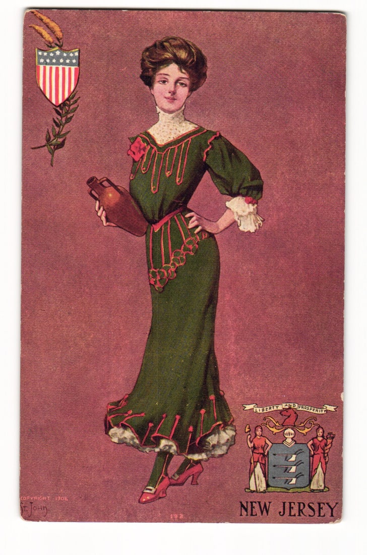 Illustrated Postcard of Woman with Jug, New Jersey State Seal & US Shield, c. 1908 by E. Nash (1 of 2)