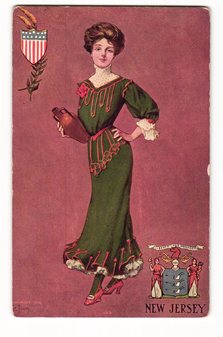 1906 Postcard: New Jersey Allegorical Woman Holding Jug, State Seal, Artist T. John (1 of 2)