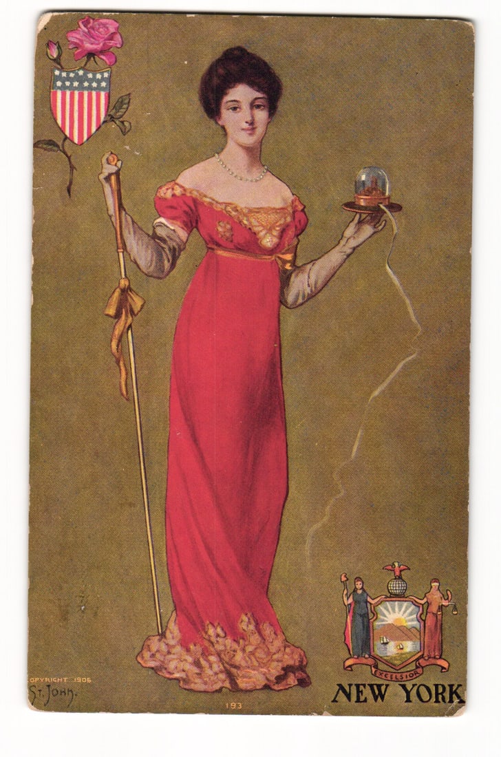 Illustrated Postcard: Woman in Red Gown Representing New York State, Copyright 1906 St. John: An illustrated depiction of a woman standing full-length, centrally composed against an olive-green background. She wears a long, flowing red empire-waist gown with gold lace trim at the décolletage