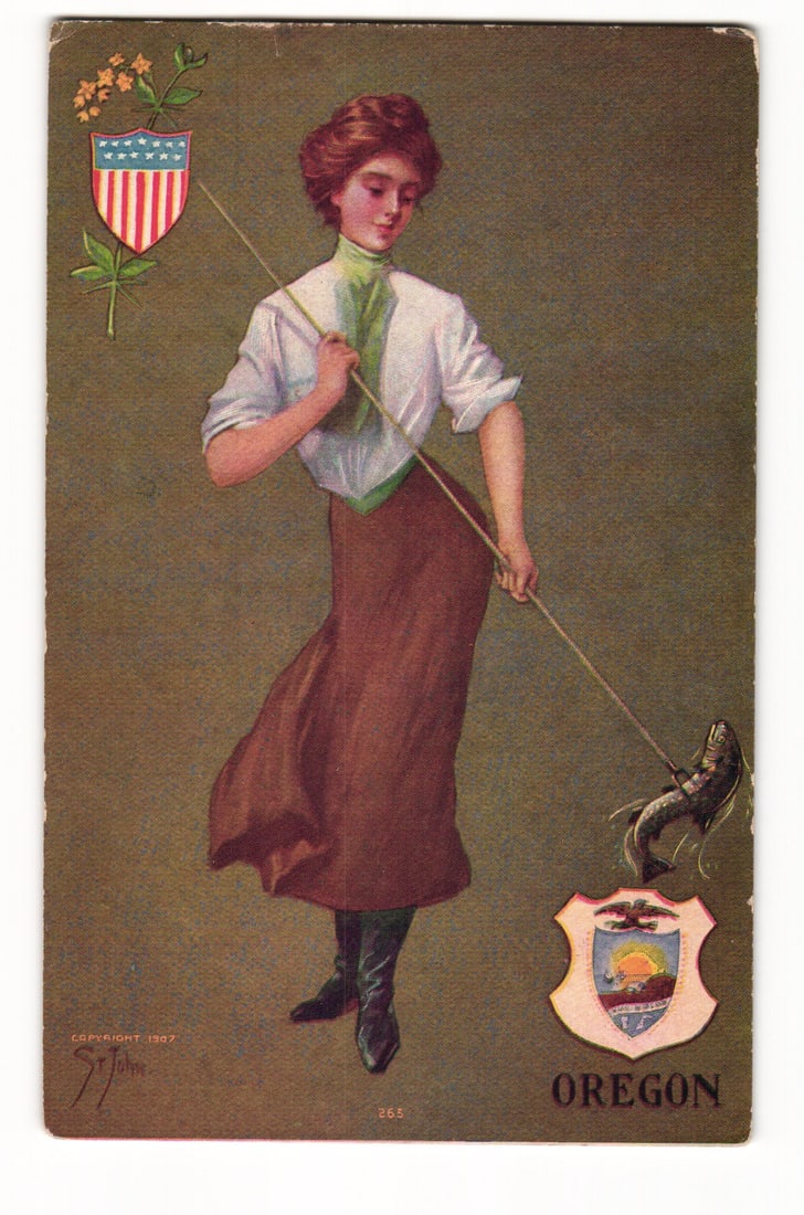 Oregon State Themed Postcard: Woman Fishing, Shields, Copyright 1907, Illustrated Design: A full-length color illustration depicts a woman with auburn hair, attired in a white blouse with rolled-up sleeves, a green ascot-style tie, a long brown skirt, and black boots. She stands facing sli