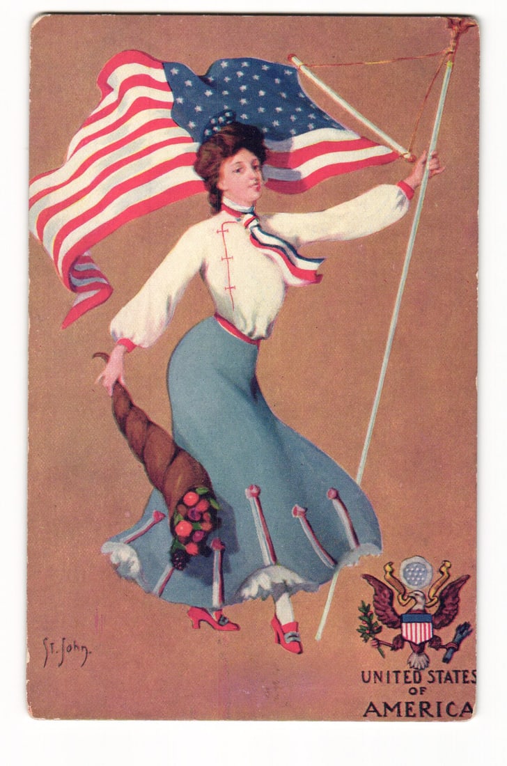 Patriotic Illustrated Postcard: Woman with American Flag, Cornucopia, by St. John, USA Seal: An illustration depicts a woman in early 20th-century attire, featuring a white blouse with red piping and voluminous sleeves, paired with a light blue, full-length skirt adorned with red and white ta