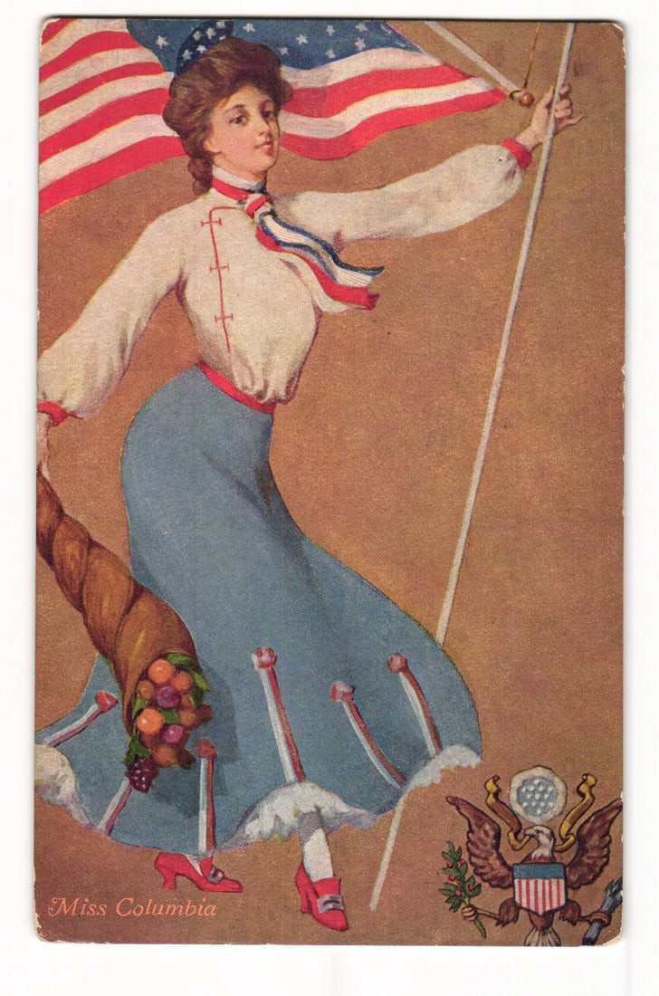 Miss Columbia Patriotic Illustration with US Flag, Cornucopia, & Eagle Emblem, 1908 Postcard (1 of 2)