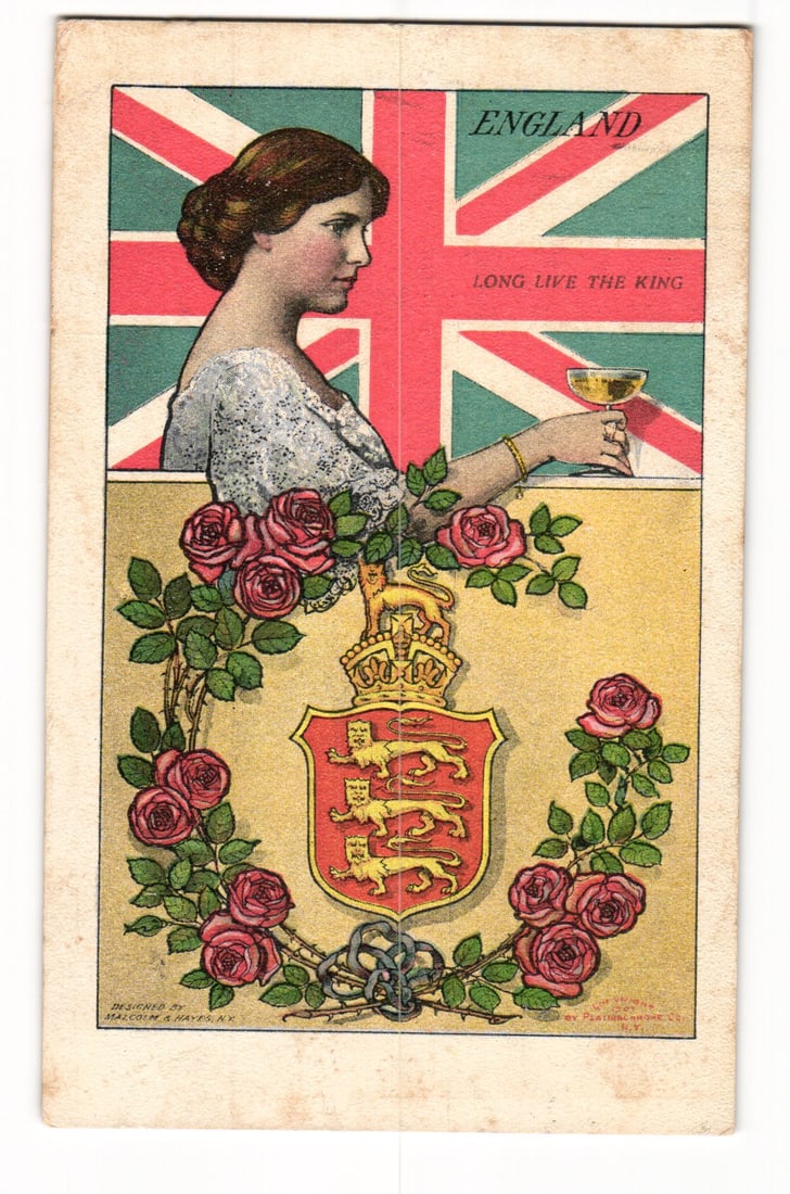 England Long Live The King Postcard: Woman with Union Jack, Royal Arms, Roses, c. 1901 Design: An illustration depicts a woman in profile, facing right, with brown hair styled in an updo, attired in a white, patterned garment, possibly lace. She holds a stemmed glass containing a golden beverag