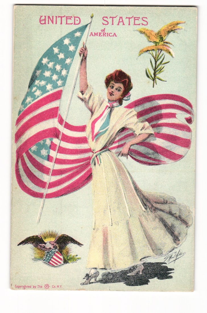 Early 20th C. Patriotic Postcard: Woman with American Flag, Eagles, "United States of America" (1 of 2)