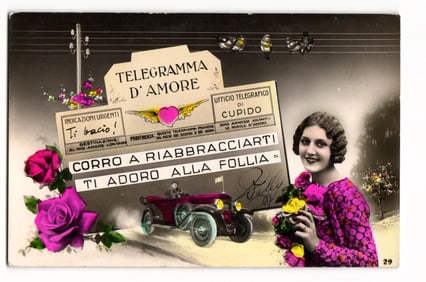 Italian "Telegramma d'Amore" Romantic Postcard: Woman, Cupid's Telegraph, Car, Fotocelere.