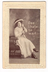 Woman on Candlestick Telephone, "Gee I hate to wait.", Embossed Border Postcard, 1910 Postmark