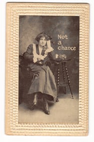 Embossed Sepia Postcard: Woman at Telephone with 'Not a chance' Text, Postmarked 1911