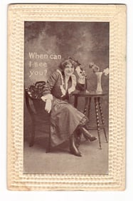 Postcard: Woman on Candlestick Telephone, "When can I see you?", Embossed Border, Dated 1910