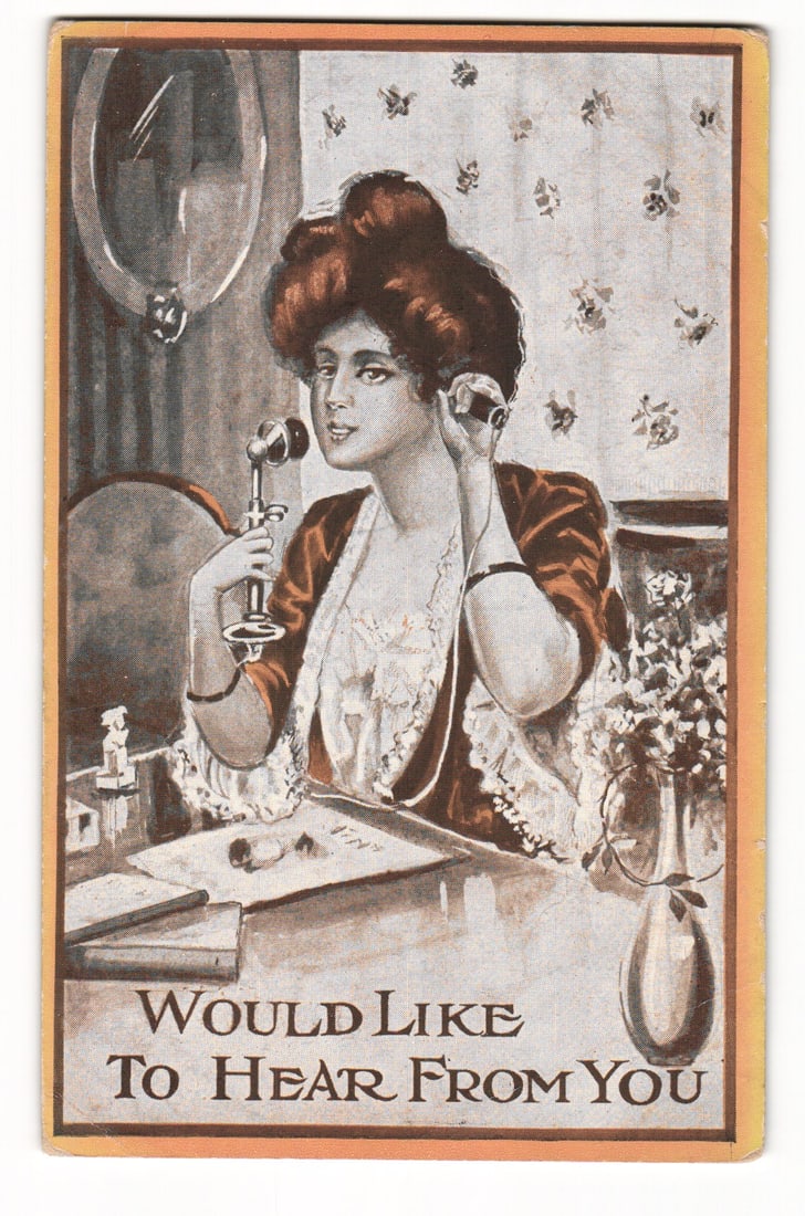 Illustrated Postcard: Woman on Candlestick Telephone, "Would Like To Hear From You" Sentiment (1 of 2)
