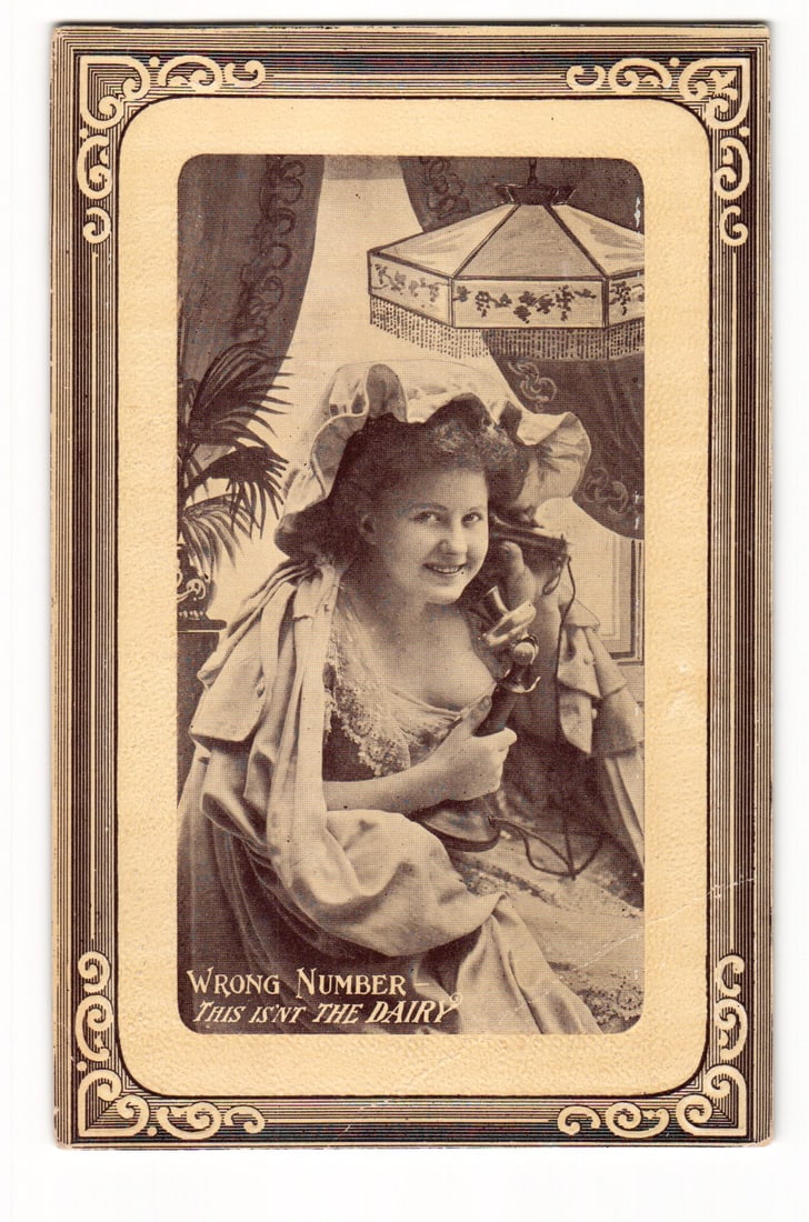 Sepia Photograph Postcard: Woman on Telephone, "Wrong Number This Isn't The Dairy" Caption (1 of 2)