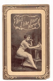 Sepia Tone Postcard: Woman on Telephone Upside Down, 'Well! I like your Nerve', c. Early 1900s