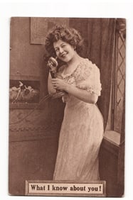 Woman with Candlestick Telephone Postcard, "What I know about you!", 1907 P.F. Volland & Co.