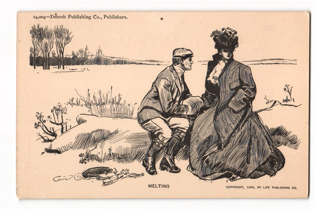 Illustration "Melting" Man & Woman, 1900 Life Publishing Co. Detroit Publishing Co. postcard: An illustration depicts a woman in late 19th/early 20th-century attire standing over a man seated on the ground in an outdoor setting with hints of snow or thawing ground. The woman, wearing a dark, f