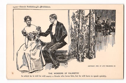 1897 "The Wonders of Palmistry" Illustration Postcard, Man Reading Woman's Palm, Detroit Pub.
