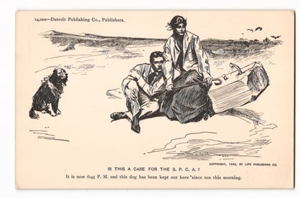 Detroit Publishing Co. Postcard: S.P.C.A. Inquiry, Men & Dog, 1903 Life Publishing Co. Copyright