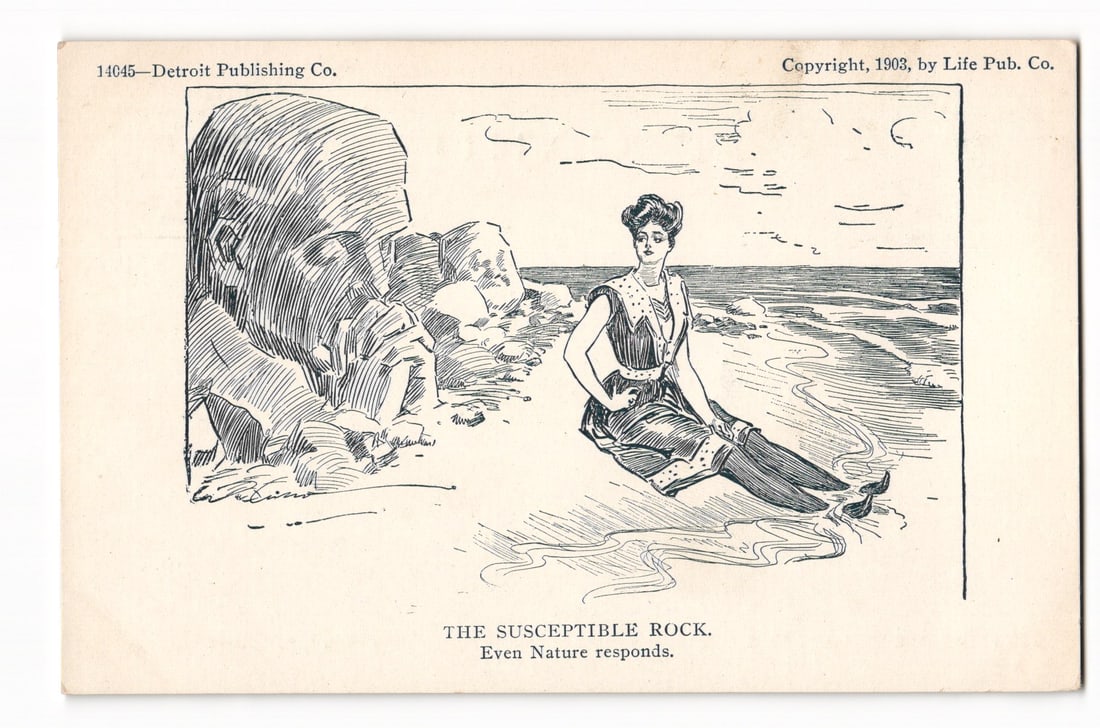 1903 "The Susceptible Rock" Woman on Anthropomorphic Rock, Detroit Publishing Co. postcard (1 of 2)