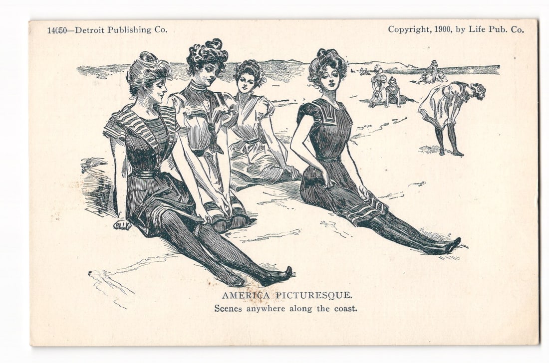 America Picturesque Coastal Scene: Women in Bathing Costumes, 1900 Detroit Publishing Postcard (1 of 2)