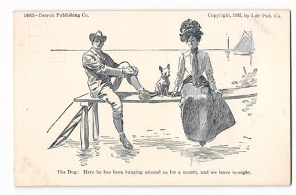 1905 "The Dog" Series Postcard: Man, Woman, and Pet on Dock, Life Pub. Co. & Detroit Pub. Co.
