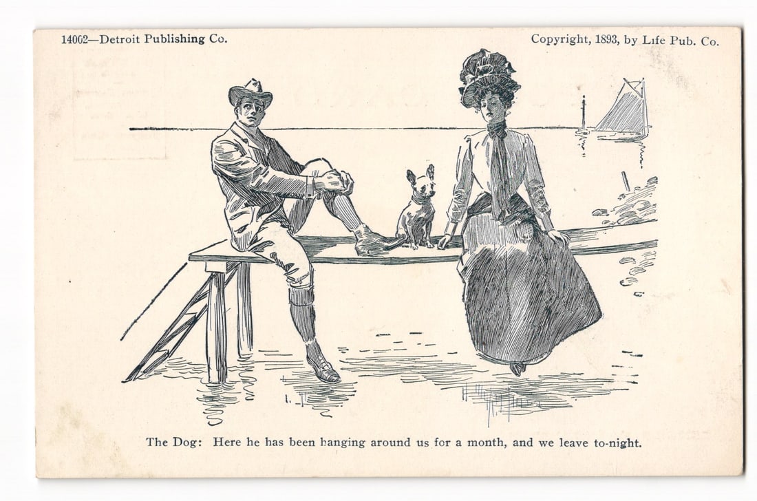 1905 "The Dog" Series Postcard: Man, Woman, and Pet on Dock, Life Pub. Co. & Detroit Pub. Co.: A black and white line drawing depicts a man and a woman with a small dog on a wooden structure, likely a pier or dock, with a body of water and a sailboat in the background. The man, on the left, is 