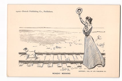 Monday Morning: Woman Waving Hat by Railroad Tracks, Dog, 1906 Life Publishing Co. Postcard