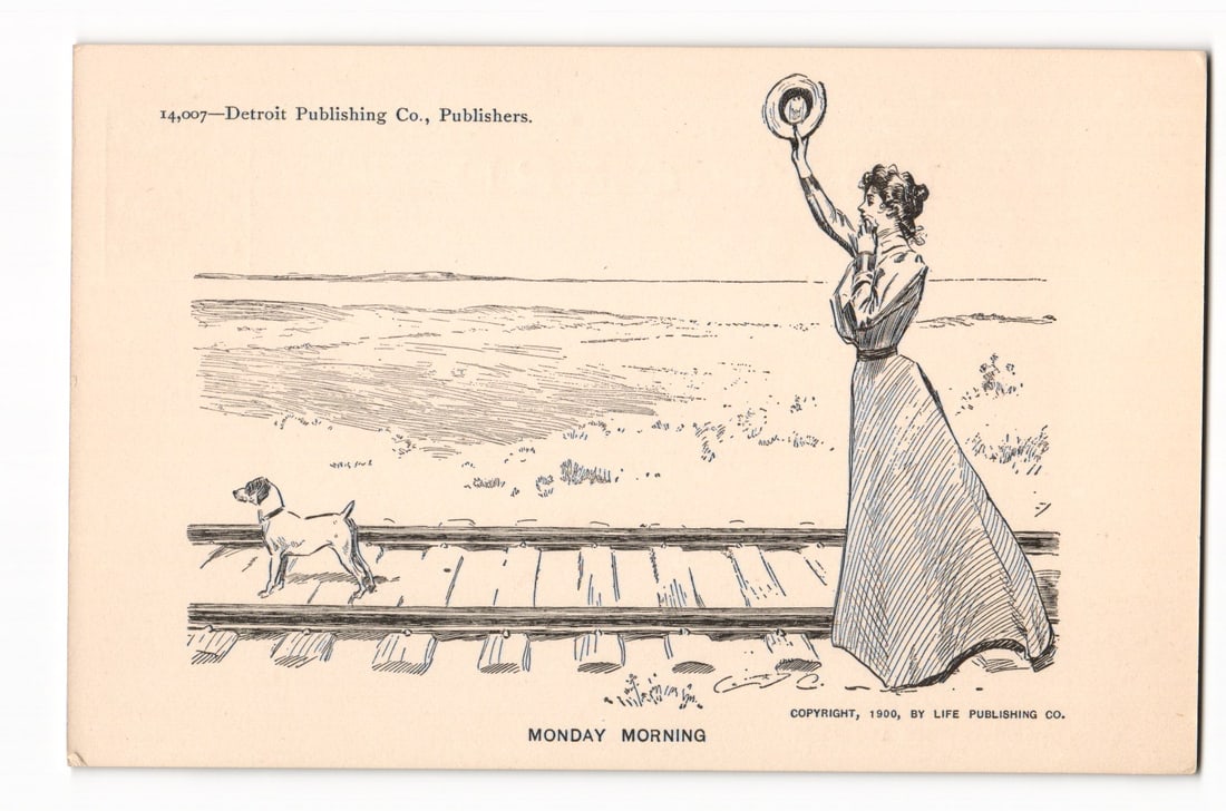 Monday Morning: Woman Waving Hat by Railroad Tracks, Dog, 1906 Life Publishing Co. Postcard (1 of 2)