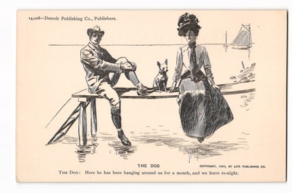 "The Dog" series postcard: 1909 illustration of seated man, standing woman, and dog by water.