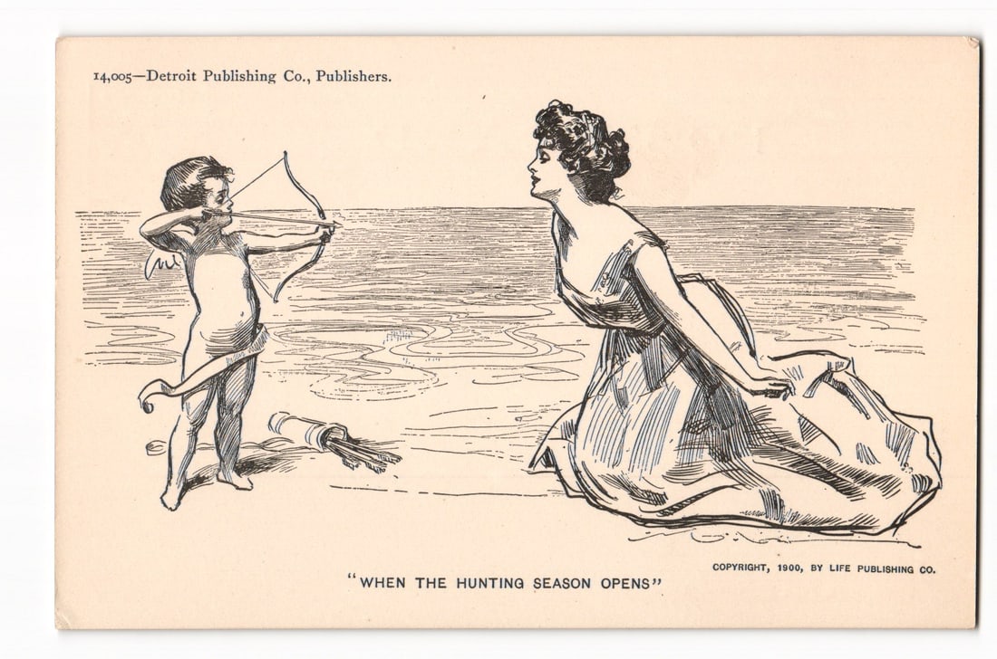 Postcard: Cupid & Woman, "When The Hunting Season Opens", Detroit Publishing Co., Copyright 1900: The front features an illustration depicting a winged cherubic figure, Cupid, on the left, standing and aiming a bow and arrow towards the right. Cupid has a quiver of arrows lying on the ground besid