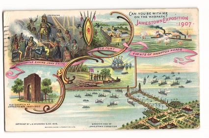 Jamestown Exposition 1907 Multiview Postcard: Powhatan, John Smith, Old Fort & Bird's-Eye View