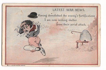 Latest War News: Comic Postcard of Man Fleeing Bees, Essanay Films Courtesy, C.C. Mather