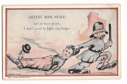 Cobb X Shinn Cartoon Postcard: "Latest War News!" Figure Dragged by Officer, Essanay Ref.