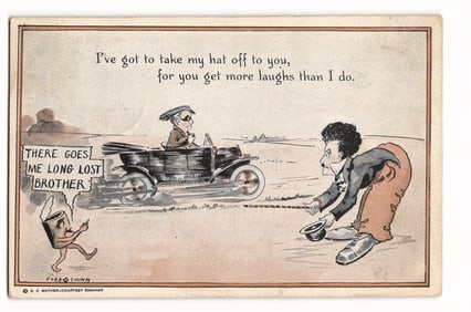 Cobb X Shinn Comic Postcard: Man in Car, Bowing Man, "Long Lost Brother" Can, Essanay