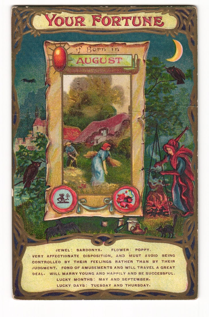 August Birth Fortune Postcard, Sardonyx Jewel, Poppy Flower, Ornate Illustrations, c. 1911: A chromolithograph postcard with an ornate gold border at the top. The central panel, framed to appear as if on aged, curling paper, depicts a pastoral scene with one figure digging and another figure