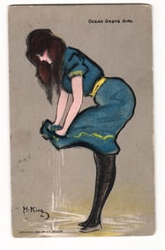 Ocean Grove Girl Postcard: H. King Illustration of Woman Wringing Skirt, 1907 Copyright