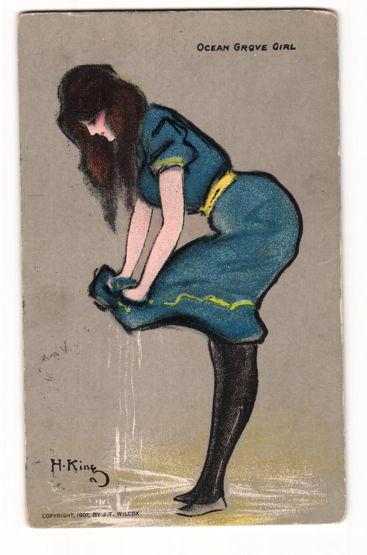 Ocean Grove Girl Postcard: H. King Illustration of Woman Wringing Skirt, 1907 Copyright: An illustration shows a woman in profile, facing left, bending to wring water from her blue dress hem. She has dark brown hair. Her short-sleeved dress has yellow trim at cuffs, waist, and a decorativ