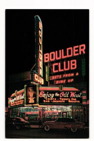 Boulder Club, Las Vegas, Nevada, Night View with Illuminated Signs and Classic Cars Postcard