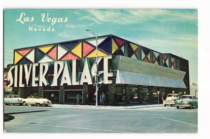 Silver Palace Casino, Las Vegas, Nevada. Colorful Facade, Mid-Century Cars. Color Postcard.
