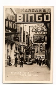 Reno, Nevada, Douglas Alley with Harrah's Bingo & Harold's Club Signs, 1949 RPPC Postcard