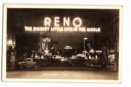 Reno, Nevada "The Biggest Little City in the World" Illuminated Archway at Night, 1937 Postcard