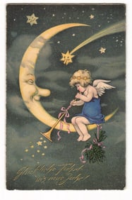 Angel on Crescent Moon New Year Greeting Postcard, "Glückliche Fahrt in's neue Jahr!", Germany