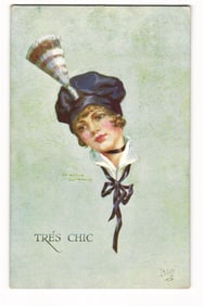 TRÉS CHIC Woman with Feather Duster Chef's Hat Oilette Postcard, Winsome Lassie Series 8732