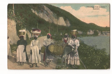 Postcard: "Greetings from Jamaica," Rockfort, roadside scene with women, donkeys, circa 1915